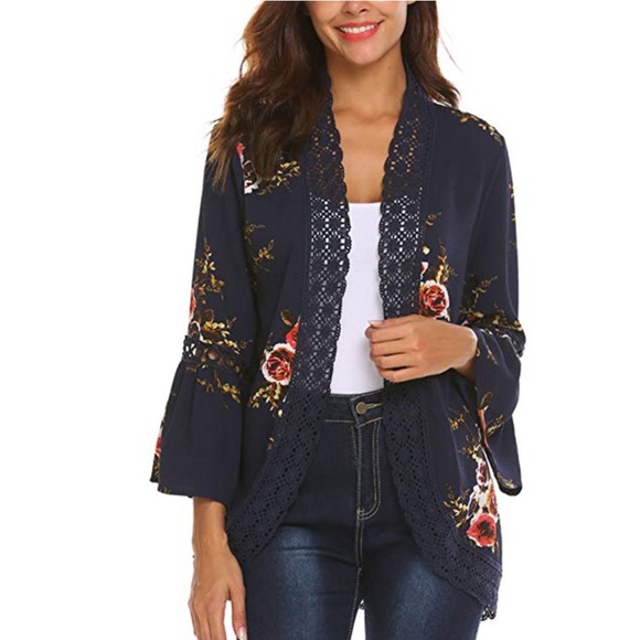 🏆Navy Boho Floral Kimono Cardigan - Picture 2 of 5